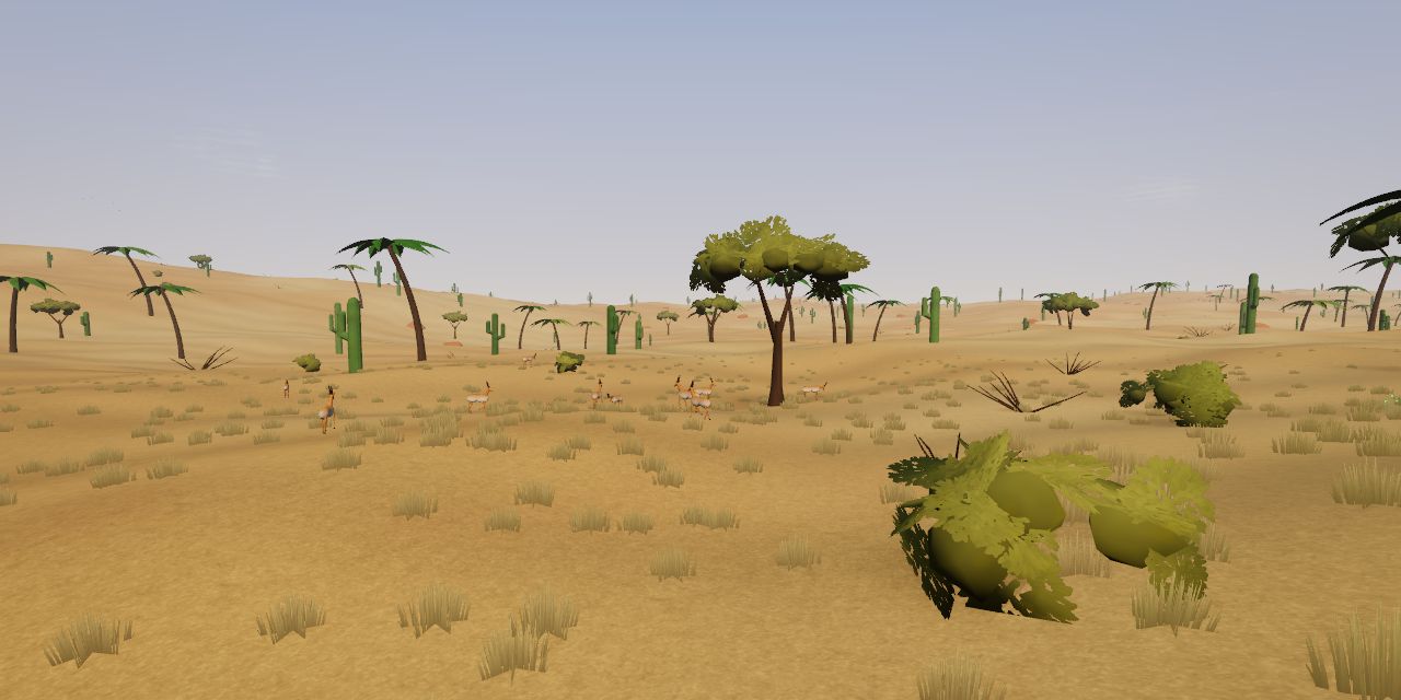 Desert dunes with palms, cacti and gazelles